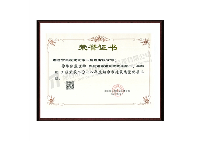 勝利南路南延隧道一、二標(biāo)段-2018年度煙臺(tái)市建筑質(zhì)量?jī)?yōu)質(zhì)工程